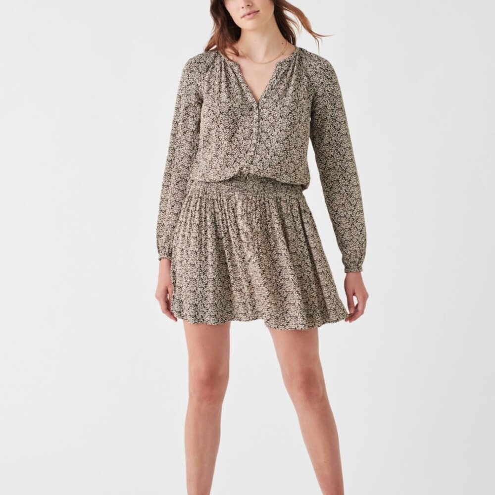 Faherty Montara Swing Brown Ivory Leaf Batik Swing Mini Dress XS Long Sleeve